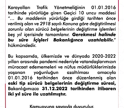 Eski Tip Sürücü Belgelerinin değiştirme süresi